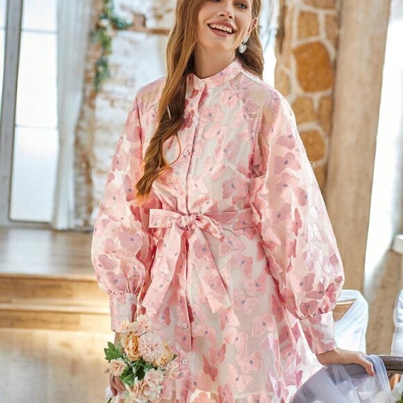 Pink Boho Womens Butterfly Jacquard Full Sleeve Dress - Picture 4 of 5